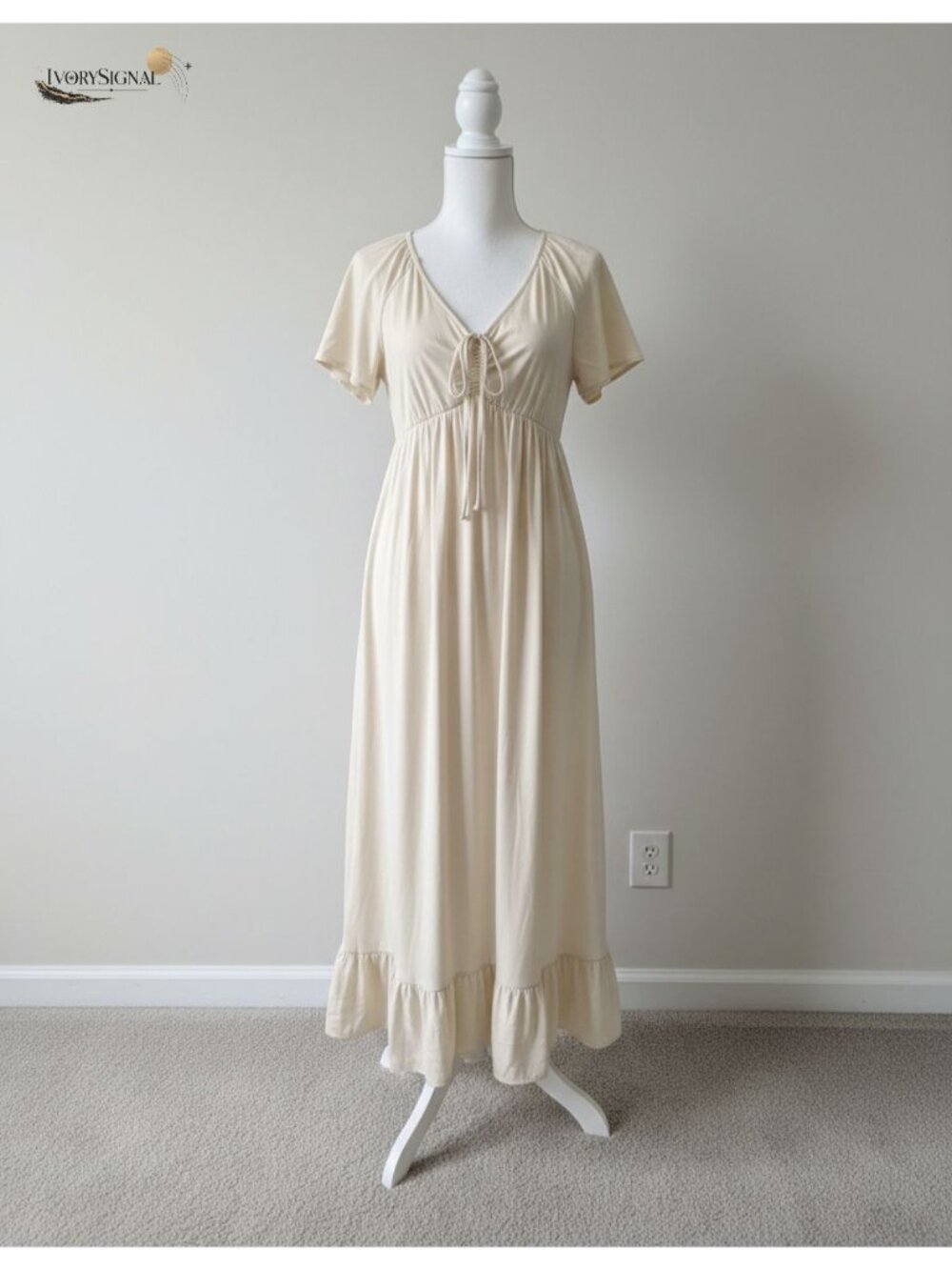 Women's Maxi Dress V Neck Short Sleeve Smocked Back A-Line Flowy Ruffle